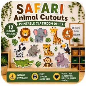 Safari-Tier-Ausschnitte zum Ausdrucken | Dschungel-Klassenzimmerdeko für die Pinnwand | Schulanfang
