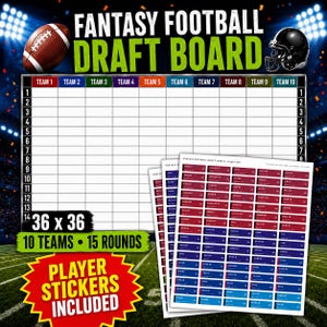 Puede incluir: Un tablero de draft de fútbol americano con una cuadrícula para 10 equipos y 15 rondas, con un balón marrón y un casco negro. El tablero incluye el texto 36 x 36, 10 equipos, 15 rondas, pegatinas de jugadores incluidas y hojas de etiquetas.