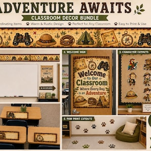 May include: An Adventure Awaits classroom decor bundle featuring a repeating border with maps, compasses, binoculars, hats, ropes, and tents. Includes a welcome sign, character cutouts of animals and explorers, name tags, and paw print cutouts.