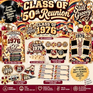 May include: A 50th class reunion party bundle featuring 1976 themed decorations including a 60 x 24 cm banner, welcome signs, cake and cupcake toppers, photo signs, and name tags. The design incorporates disco balls, roller skates, and flowers.