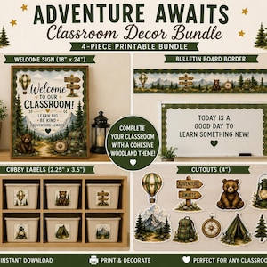 Peut inclure: Un ensemble de décoration de classe imprimable en 4 pièces intitulé Adventure Awaits, comprenant une affiche de bienvenue de 46 cm x 61 cm, une bordure, des étiquettes de 6 cm x 9 cm et des découpes de 10 cm avec des motifs d'ours et de forêt.