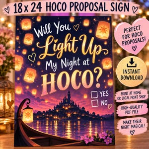 May include: A rectangular 18 x 24 inch HOCO proposal sign featuring a dark purple night sky with floating lanterns, a castle silhouette, and a boat. The text reads: Will You Light Up My Night at HOCO? with two checkboxes for YES and NO.