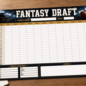 May include: A rectangular fantasy football draft board featuring a dark blue background with stadium lights, a football helmet, and a football. The board includes a grid for 20 rounds and 12 teams, with sections for league name, date, roster positions, and notes.