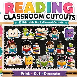 Book theme Bulletin Board Cutouts 12 | Printable Book Characters | Open Book Classroom Decor |  Bulletin Board Decorations | 4 Inch Reading