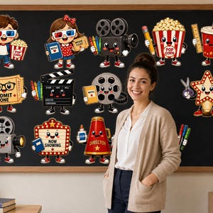 May include: A black chalkboard featuring a collection of cartoon characters related to cinema and school supplies, including a film camera, popcorn, a movie ticket, a clapperboard, a film reel, a megaphone, and a star, all with smiling faces.