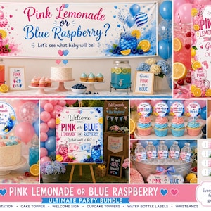 May include: A gender reveal party bundle featuring a banner, invitation, cake topper, welcome sign, cupcake toppers, water bottle labels, and wristbands. The items display pink and blue graphics of lemonade, raspberries, and text reading Pink Lemonade or Blue Raspberry.