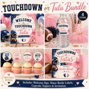 Paquete de revelación de género "Touchdown or Tutu" / Invitación editable, cartel de bienvenida (plantilla de Canva)
