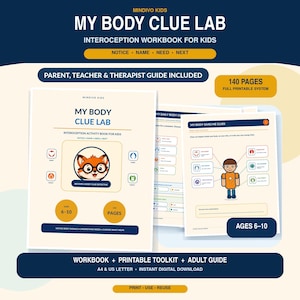 Può includere: Quaderno di esercizi di interocezione My Body Clue Lab per bambini dai 6 ai 10 anni, con 140 pagine stampabili. Include una guida per genitori, insegnanti e terapisti, con un'illustrazione di volpe e diagrammi dei segnali corporei.