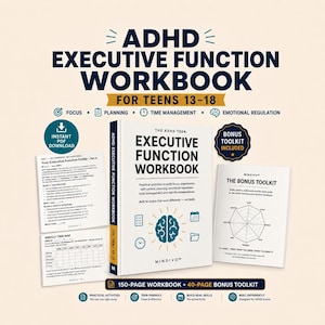 Può includere: Quaderno di esercizi sulle funzioni esecutive ADHD per adolescenti dai 13 ai 18 anni, composto da 150 pagine e un toolkit bonus di 40 pagine. La copertina presenta un'icona del cervello, testo e icone per focus, pianificazione e gestione.