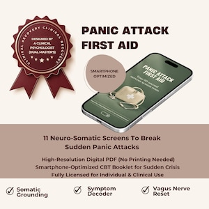 Könnte beinhalten: Ein digitaler Leitfaden mit dem Titel Panic Attack First Aid auf einem Smartphone-Bildschirm, mit einem kastanienbraunen Siegel zur klinischen Genesung und einer Liste von Funktionen wie 11 neuro-somatischen Bildschirmen, somatischem Grounding und Vagusnerv-Reset.
