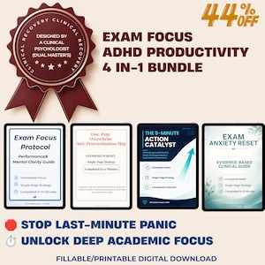 ADHD Academic Success, Focus Bundle, Anti Procrastination Toolkit, Exam Anxiety Reset, Task Paralysis Worksheet PDF