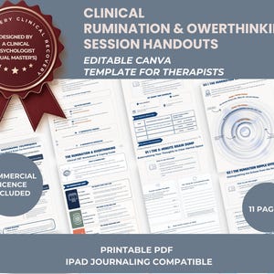 Op de afbeelding: Een set van 11 printbare hand-outs voor klinische sessies over piekeren en overdenken voor therapeuten. De documenten bevatten tekst, grafieken en diagrammen voor CGT-werkbladen, brain dump-oefeningen en ripple effect-schema's.