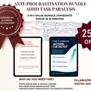 Puede incluir: Un paquete digital para la parálisis de tareas por TDAH con un sello granate, una estrella de 25% de descuento y varios documentos imprimibles. Dos tabletas muestran las guías One-Page Anti-Procrastination Map y Action Catalyst.