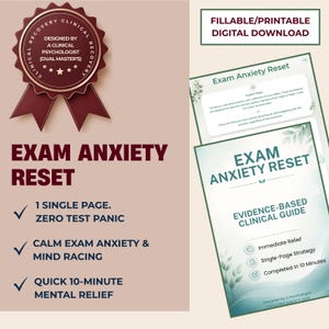 Puede incluir: Una descarga digital titulada Exam Anxiety Reset, con un sello granate con texto sobre recuperación clínica y dos páginas blancas con detalles de hojas verdes. El texto incluye Evidence-Based Clinical Guide y 10-minute mental relief.