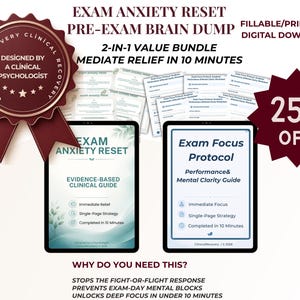 Könnte beinhalten: Ein digitales Download-Paket mit den Leitfäden Exam Anxiety Reset und Exam Focus Protocol. Die Dokumente enthalten Text wie Evidence-Based Clinical Guide, Performance & Mental Clarity Guide und 25% Off. Das Design verwendet dunkelrote und blaugrüne Akzente.