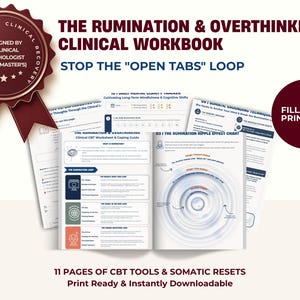 Può includere: Il quaderno di esercizi clinici The Rumination & Overthinking contiene 11 pagine di strumenti TCC e ripristini somatici. Il documento include un sigillo di recupero clinico, un'etichetta compilabile e stampabile e vari grafici.