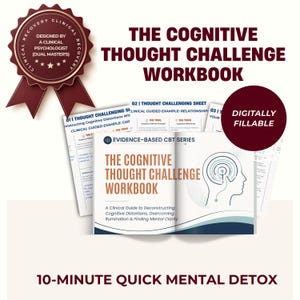 Może przedstawiać: Cognitive Thought Challenge Workbook to cyfrowy skoroszyt z bordową pieczęcią, wieloma stronami arkuszy klinicznych oraz okładką przedstawiającą profil ludzkiej głowy ze spiralnym wzorem i ciemnoniebieskimi akcentami.