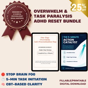 Könnte beinhalten: Ein digitales ADHS-Reset-Paket mit einem kastanienbraunen klinischen Siegel, zwei Tablets mit der One-Page Overwhelm Anti-Procrastination Map und The 5-Minute Action Catalyst sowie Text, der Vorteile wie das Stoppen von Brain Fog auflistet.