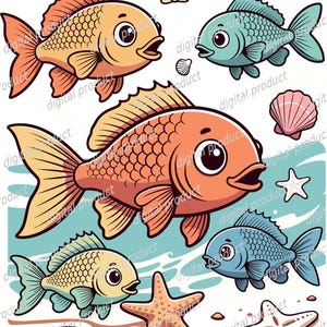 Op de afbeelding: Een digitale illustratie met vijf cartoonvissen in tinten oranje, blauw en geel, vergezeld door diverse schelpen en zeesterren verspreid over een witte achtergrond met een lichtblauw golvend waterpatroon aan de onderzijde.