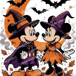 Puede incluir: Una ilustración digital de dos ratones de dibujos animados con sombreros de bruja y disfraces de Halloween, tomados de la mano. Están frente a una gran luna naranja con murciélagos negros. La escena incluye humo gris y hojas de otoño marrones.