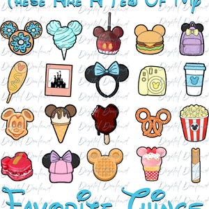 Pode incluir: Uma ilustração digital com o texto "THESE ARE A FEW OF MY FAVORITE THINGS" em azul, rodeada por vinte ícones coloridos, incluindo lanches em forma de Mickey, uma foto de castelo, uma mochila, uma câmera, um copo de café e um balde de pipoca.