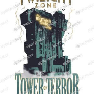 May include: A graphic illustration of The Twilight Zone Tower of Terror hotel in dark teal and black. The design features yellow lightning, bats, and the text The Twilight Zone, The Hollywood Tower Hotel, Tower of Terror, and Walt Disney World.