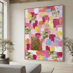 Framed Pink Abstract Canvas Wall Art, Heavy Texture Gold Leaf Print, Large Pastel Oil Painting Look, Modern Living Room Decor, Boho Chic Art