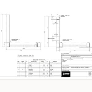 Puede incluir: Un dibujo técnico de ingeniería de un bastidor de chasis y un conjunto de varillaje. El documento incluye una vista isométrica 3D, dos proyecciones ortográficas con dimensiones en milímetros, una lista de materiales y notas generales.