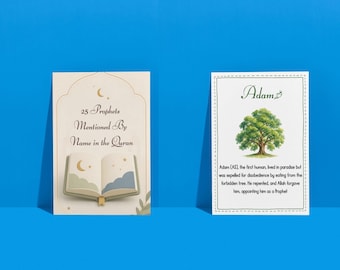Puede incluir: Dos tarjetas educativas rectangulares con fondo crema. La tarjeta de la izquierda presenta una ilustración de un libro abierto con el texto 25 Prophets Mentioned By Name in the Quran. La tarjeta de la derecha muestra un árbol y el texto Adam.