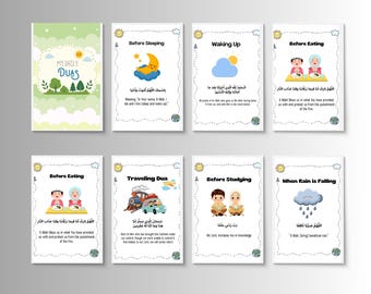Puede incluir: Un conjunto de ocho tarjetas educativas tituladas My Daily Duas, con ilustraciones y textos para oraciones diarias que incluyen antes de dormir, al despertar, antes de comer, al viajar, antes de estudiar y cuando llueve, en árabe e inglés.