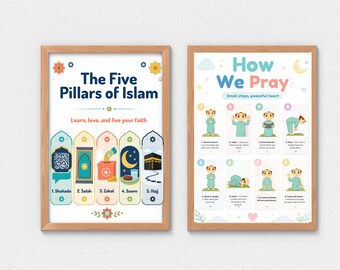 Puede incluir: Dos pósteres educativos enmarcados con marcos de madera clara. El póster izquierdo titulado The Five Pillars of Islam ilustra los cinco pilares con iconos. El póster derecho titulado How We Pray muestra ocho pasos de oración.