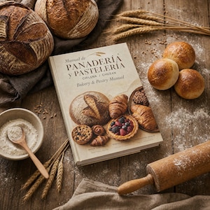 Puede incluir: Un libro de tapa dura titulado Manual de PANADERÍA y PASTELERÍA Chilena / Chilean Bakery & Pastry Manual. La portada muestra imágenes de varios panes, cruasanes, cruasanes y una tarta de frutas, rodeado de hogazas frescas, espigas y harina.