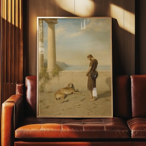 Puede incluir: Una impresión de arte mural rectangular enmarcada que presenta una pintura clásica de una figura con túnica de pie en una terraza de piedra junto a un perro recostado, con una columna y vista al mar en el fondo.