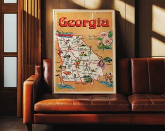 Plakat z mapą Georgii w stylu vintage | Sztuka ścienna retro | Oprawione płótno | Obrazowy wydruk artystyczny stanu | Dekoracja ścienna w stylu południowoamerykańskim