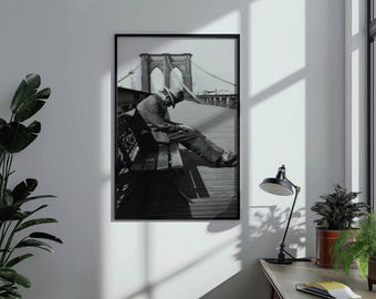 Plakat z motywem mostu brooklińskiego w stylu vintage | Czarno-biała fotografia uliczna Nowego Jorku | Oprawiony wydruk na płótnie | Klasyczna nowojorska sztuka ścienna | Wystrój loftu w stylu urban noir