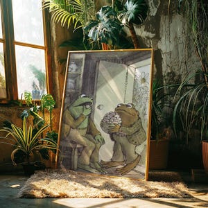 Frosch-und-Kröte-Bilderbuch-Druck | Vintage-Küchenwandbild im Cottagecore-Stil (gerahmte Leinwand)