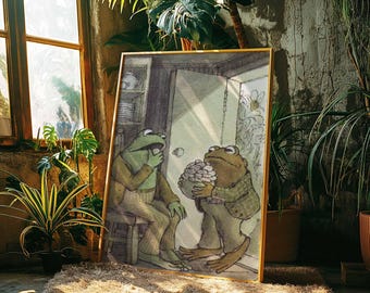 Stampa del libro di fiabe "Rana e Rospo" / Decorazione murale vintage in stile cottagecore per la cucina (tela incorniciata)