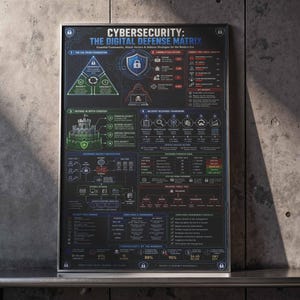May include: A rectangular poster titled CYBERSECURITY: THE DIGITAL DEFENSE MATRIX, featuring a dark background with detailed infographics, diagrams, and text explaining security frameworks, attack vectors, and defense strategies in white, blue, and green.