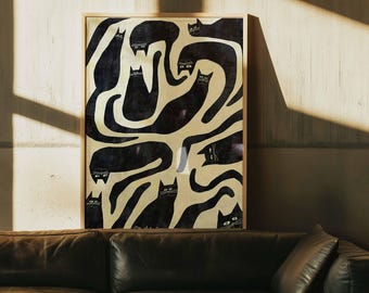 Abstract Black Cat Poster | Mid Century Modern Wall Art | Boho Framed Canvas Print | Vintage Quirky Feline Decor | Cat Lover Gift