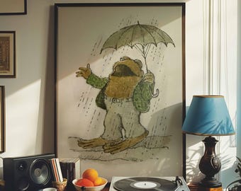 Poster vintage con rana e fiabe / Stampa artistica cottagecore con rospo sotto la pioggia