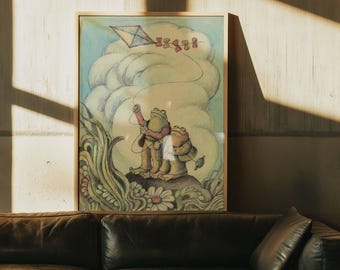 Stampa artistica "Rana e Rospo con Aquilone" / Decorazione murale vintage a tema libro di fiabe di Arnold Lobel