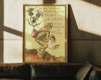 Poster vintage di giardinaggio con rospi / Stampa artistica botanica in stile cottagecore (tela incorniciata)