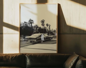 Vintage LA Classic Car Palm Trees Poster | Retro California B&W Photography Wall Art | Mid Century Decor | Framed Canvas Print