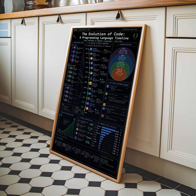 Poster zur Evolution des Codes | Zeitleiste der Programmiersprachen als Wandbild (gerahmter Leinwanddruck) Bild 4
