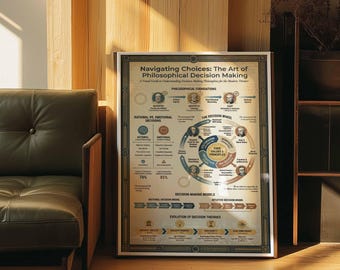 Plakat z infografiką filozoficzną | Stoicki Sokrates, Arystoteles, Kant, grafika ścienna | Wykres podejmowania decyzji | Dekoracja ścienna do gabinetu