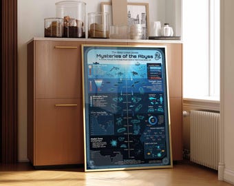 Plakat z infografiką „Tajemnice Głębin Oceanicznych” | Sztuka ścienna z biologii morskiej | Dekoracje naukowe | Wydruk na płótnie | Prezent dla miłośników oceanu