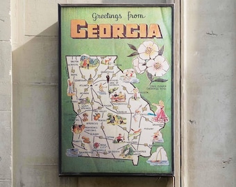 Vintage Georgia Map Poster | Greetings From Georgia Retro Travel Art Print | Southern Home Wall Decor | Framed Canvas Print