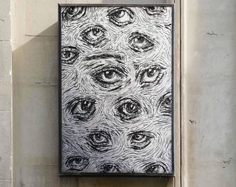 Plakat „Surrealistyczne oczy” | Psychodeliczna gotycka sztuka ścienna | Wystrój Dark Academia | Czarno-biały szkic | Oprawione płótno