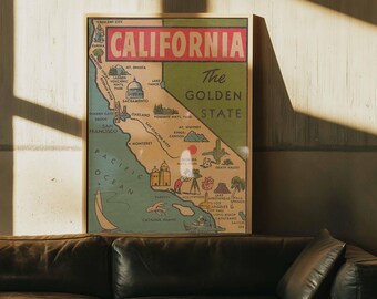 California The Golden State Vintage Map Poster | Retro Travel Wall Art | Framed Canvas Print | CA Home Decor Gift