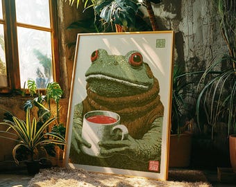 Poster vintage con rana e caffè / Decorazione murale retrò con rospo giapponese, stampa accogliente in stile cottagecore